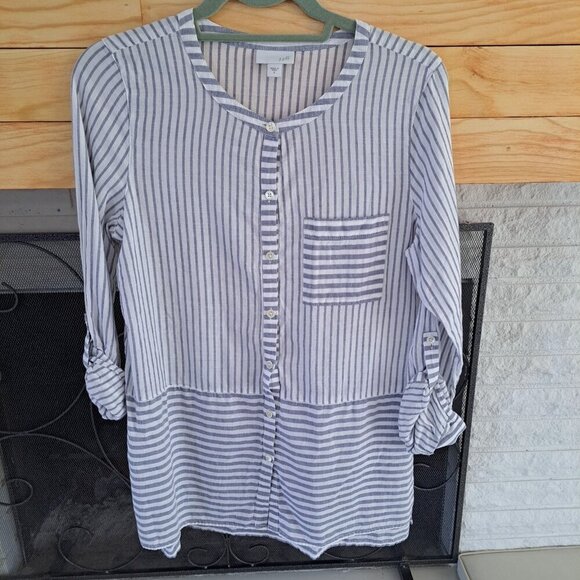 J. Jill Tops - J. Jill Blue White Mixed Direction Stripe Top Tunic Blouse Shirt Small Roll Slee